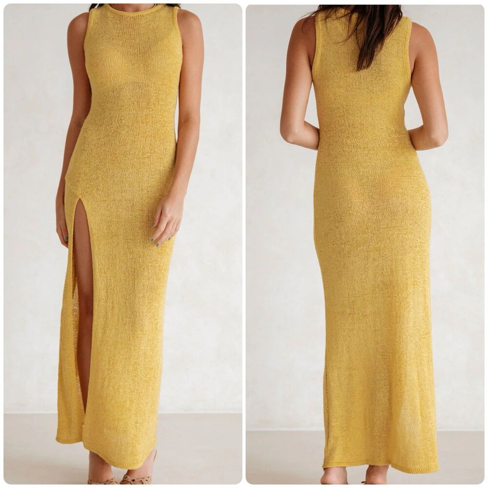 Sabo Alondra Mustard Yellow Knit Maxi Dress Womens sz XL Summer Vacation Coverup